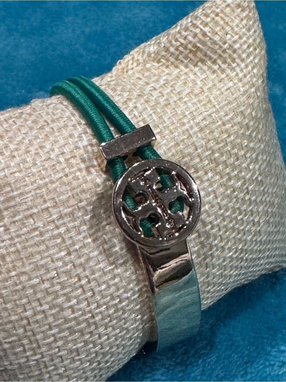 Tory Burch Silver-Tone Circle Logo Bracelet with Green Cord